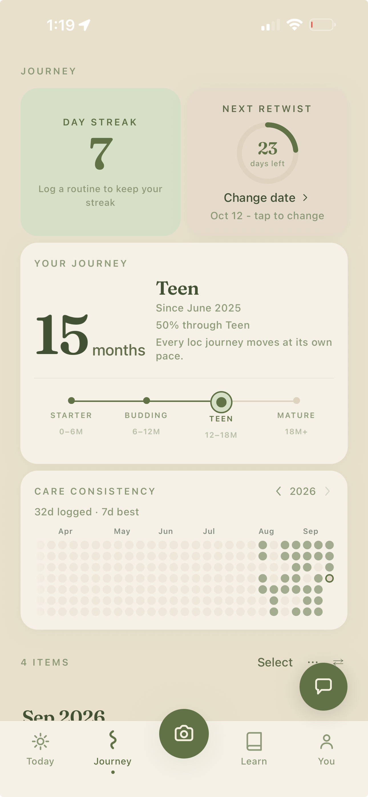 Locy Journey screen showing streaks, a retwist countdown, and care consistency